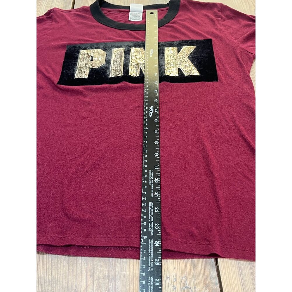 Pink Victoria's Secret Sequin/Velvet T-Shirt Womens M Burgundy Long Sleeve - Picture 7 of 8